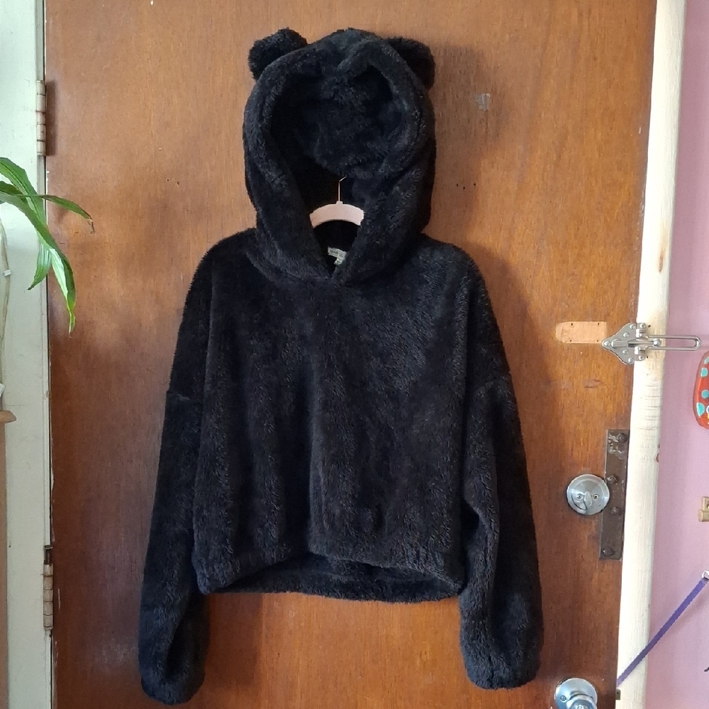 Heart Hips Fuzzy Black Cropped Hoodie W/ Bear Ears Sz L Cute Goth Anime